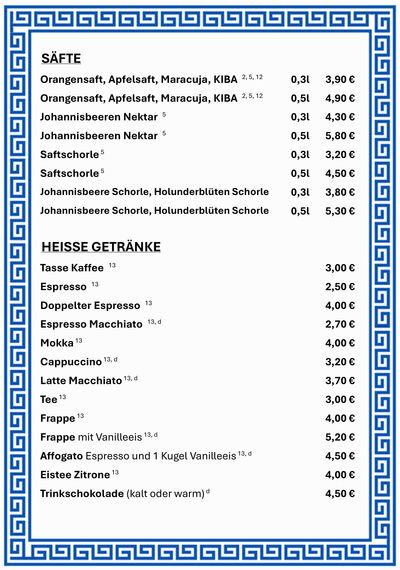 Speisekarte - Säfte, Heisse Getränke
