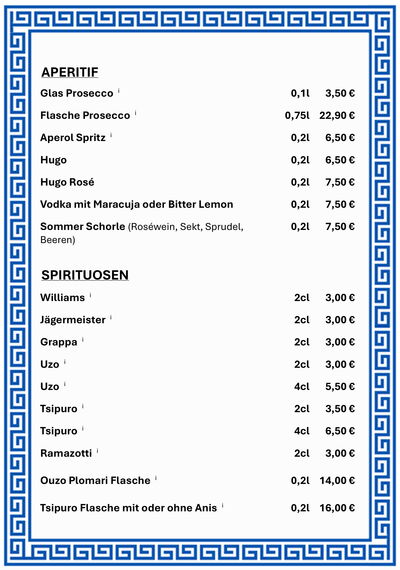 Speisekarte - Aperitif, Spirituosen