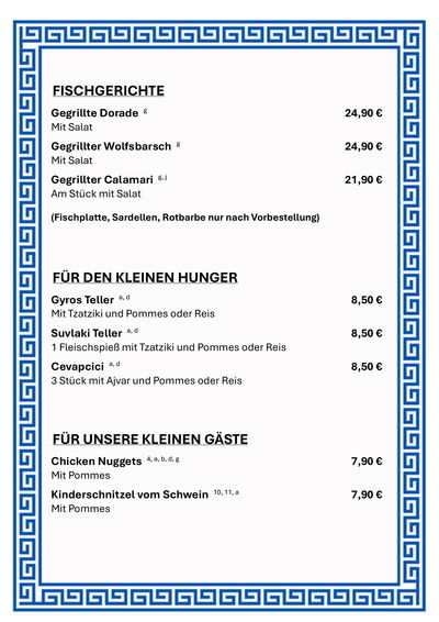 Speisekarte - Fischgerichte, Kleiner Hunger, Kinderkarte